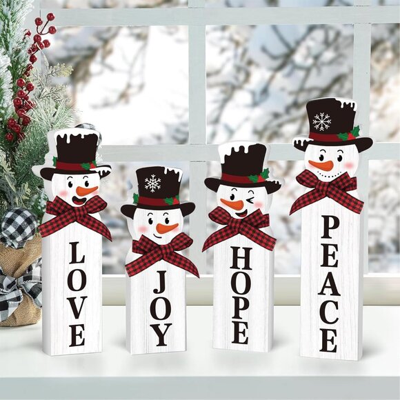 Wooden Snowman Joy Table Centerpiece Sign Winter Tiered Tray Home Decor - Picture 5 of 7